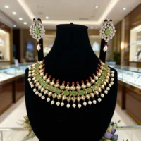 Jade Pearl Kundan Bridal Necklace Set - Image 3
