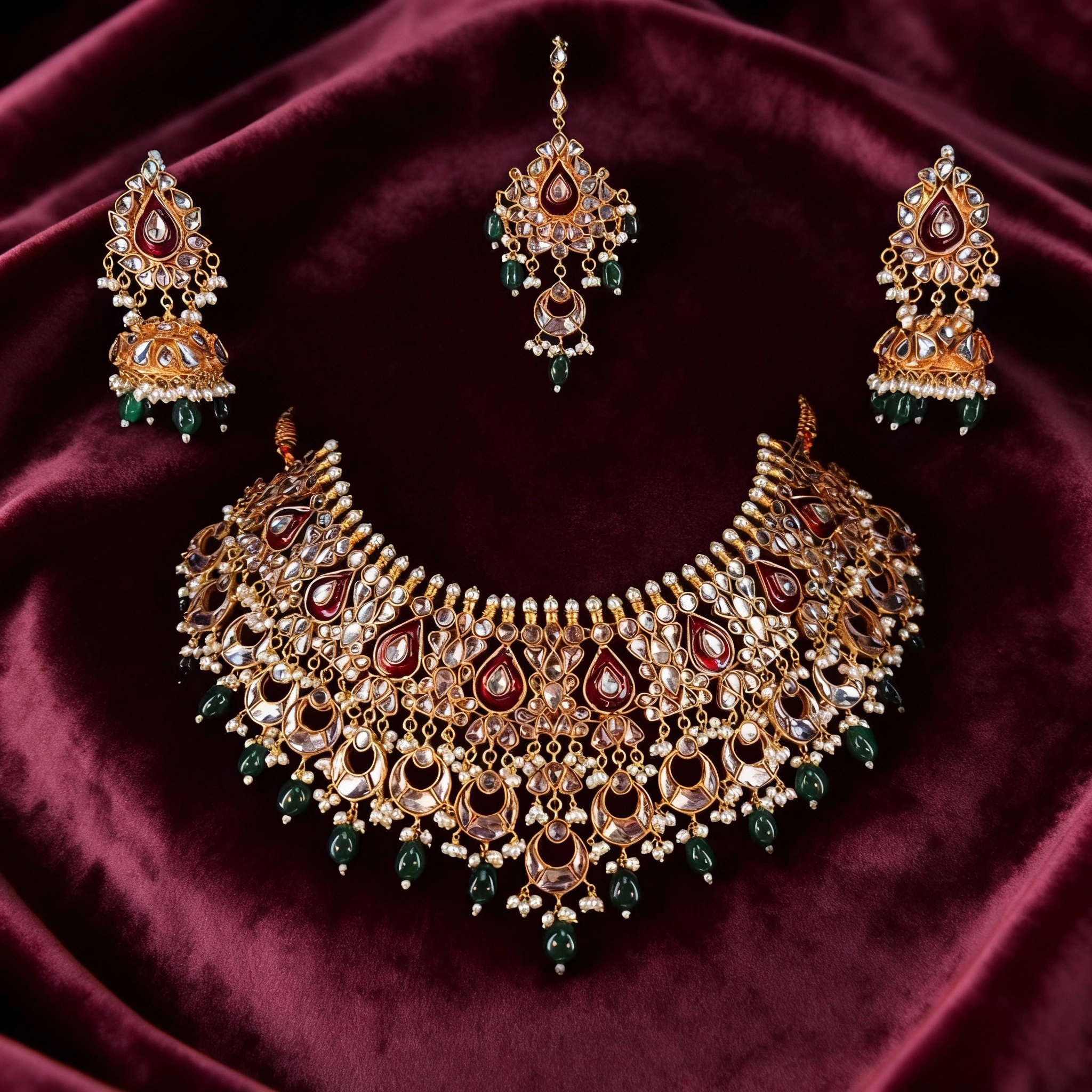 20 Ruby Emerald Kundan Royal Bridal Necklace Set - Image 1